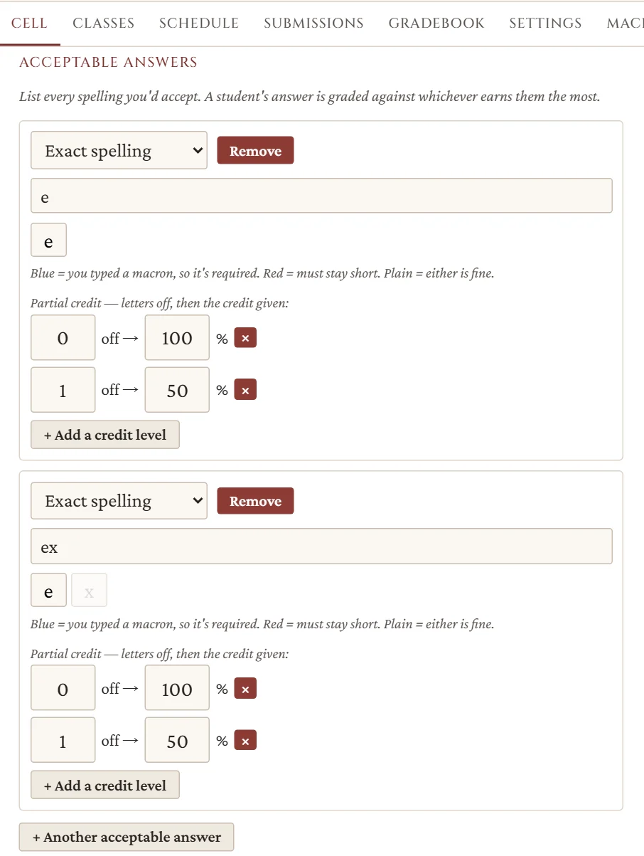 One answer with two accepted spellings, e and ex, each listed with its own partial-credit scale.