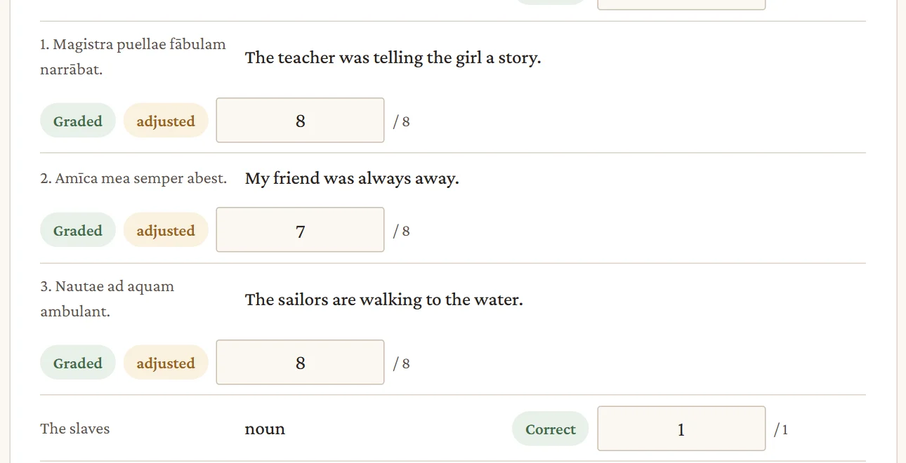 Three translated sentences from one paper, each showing the student's answer and a mark entered by the teacher.